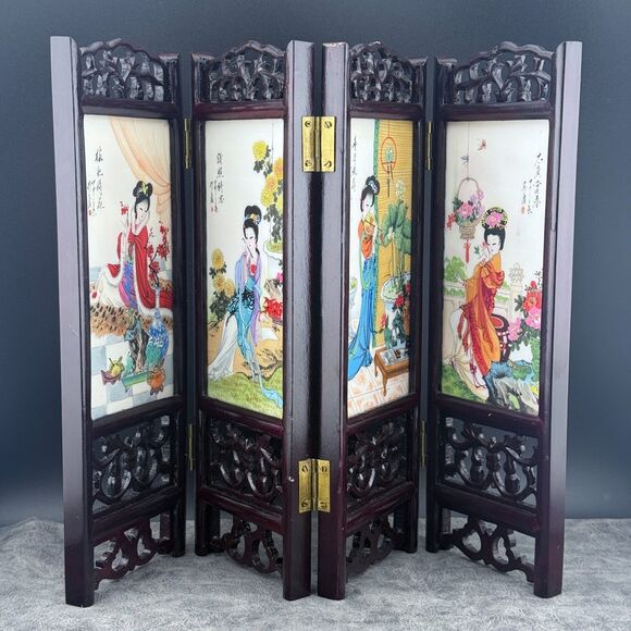 Vintage 2-Sided Hand Painted Marble Articles 4-panel Table Screen China Flowers - Picture 1 of 16